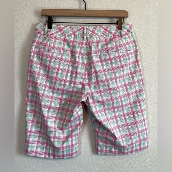 Puma Pink Green White Plaid Tech Golf Bermuda Length Breathable Shorts Size 6 - Picture 6 of 11